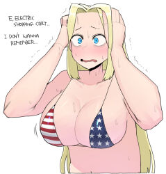 Rule 34 | 1girl, america (ohasi), american flag, american flag print, bare arms, bare shoulders, bikini, blue eyes, blush, breasts, cleavage, collarbone, english text, flag print, hand up, large breasts, long hair, navel, ohasi, open mouth, original, parted bangs, shiny skin, skindentation, solo, sweat, swimsuit, upper body