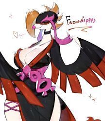 Rule 34 | 1girl, beak, bird girl, bird wings, black choker, black eyes, black kimono, bow, breasts, choker, cleavage, colored skin, creatures (company), fezandipiti, furry, furry female, game freak, genderswap, genderswap (mtf), highres, huge breasts, japanese clothes, kimono, looking at viewer, nintendo, personification, pokemon, pokemon (creature), side slit, smile, thick thighs, thighs, togetoge, waist bow, white skin, wide hips, wings