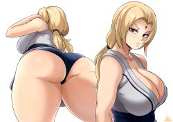 Rule 34 | 1girl, ass, bare arms, bare shoulders, blonde hair, blue panties, breasts, brown eyes, cleavage, closed mouth, facial mark, forehead mark, highres, jmg, large breasts, long hair, looking at viewer, low twintails, mature female, naruto, naruto (series), ninja, panties, sash, shirt, sleeveless, sleeveless shirt, standing, thick thighs, thighs, tsunade (naruto), twintails, underwear, white background