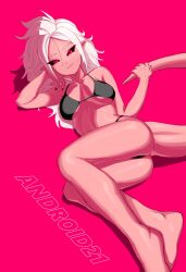 Rule 34 | absurdres, android 21, ass, bare arms, bare legs, bare shoulders, barefoot, bikini, bikini top only, black eyes, black nails, breasts, dragon ball, dragon ball fighterz, dragonball z, highres, looking at viewer, majin android 21, medium breasts, nail polish, pointy ears, smile, spiked hair, swimsuit, tail, white hair, zequung, zquung