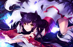 Rule 34 | 1girl, ahri (league of legends), animal ears, detached sleeves, fox ears, fox tail, gradient background, korean clothes, league of legends, long hair, looking at viewer, nail polish, orange eyes, parted lips, purple hair, solo, squchan, tail, top-down bottom-up