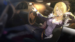 Rule 34 | 1girl, :d, belt, black jacket, black pantyhose, black skirt, blonde hair, blouse, blurry, blush, bracelet, breasts, car, car interior, christina (princess connect!), christina (real) (princess connect!), cleavage, collared shirt, commentary request, depth of field, dutch angle, eyes visible through hair, from side, fur shawl, hair between eyes, hair over one eye, hair rings, highres, holding, holding removed eyewear, jacket, jewelry, large breasts, long hair, long sleeves, looking at viewer, looking to the side, motor vehicle, nail polish, necktie, open clothes, open jacket, open mouth, pantyhose, pencil skirt, princess connect!, purple shirt, red nails, shawl, shirt, sitting, skirt, smile, solo, sparkle, steering wheel, unworn eyewear, wulazula, yellow eyes