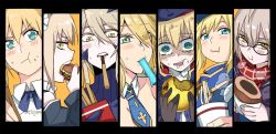 Rule 34 | 6+girls, ahoge, apple, artoria caster (fate), artoria caster (second ascension) (fate), artoria pendragon (all), artoria pendragon (alter swimsuit rider) (fate), artoria pendragon (alter swimsuit rider) (second ascension) (fate), artoria pendragon (fate), artoria pendragon (lancer) (fate), artoria pendragon (lancer alter) (fate), artoria pendragon (swimsuit ruler) (fate), baseball cap, bikini, black-framed eyewear, black bikini, black coat, blonde hair, blouse, blue neckwear, blue scarf, blue serafuku, blush, bowl, braid, burger, chopsticks, coat, dark persona, detached collar, dos (james30226), duffel coat, eating, eye contact, face-to-face, fate/grand order, fate/stay night, fate (series), feather boa, food, food in mouth, food on face, french braid, fruit, glasses, golden apple, green eyes, hair through headwear, hat, incoming pocky kiss, instant ramen, jacket, jacket on shoulders, leotard, long hair, looking at another, maid, maid bikini, maid headdress, mouth hold, multiple girls, mysterious heroine x (fate), mysterious heroine x alter (fate), mysterious heroine x alter (first ascension) (fate), nissin cup noodle, noodles, plaid, plaid scarf, pocky, pocky kiss, popsicle, ramen, red scarf, rice, rice bowl, rice on face, saber (fate), scarf, school uniform, serafuku, shared food, shirt, skirt, swimsuit, unconventional maid, white leotard, yellow eyes