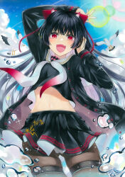 Rule 34 | 1girl, absurdres, azur lane, black cardigan, black hair, black skirt, bow, breasts, brown pantyhose, cardigan, cowboy shot, fang, hair bow, highres, long sleeves, looking at viewer, marker (medium), medium breasts, miniskirt, neckerchief, open cardigan, open clothes, open mouth, pantyhose, pleated skirt, red eyes, sakawa (azur lane), school uniform, skin fang, skirt, solo, thigh strap, traditional media, two-tone neckerchief, whipberry, white neckerchief