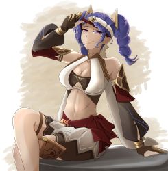 Rule 34 | 1girl, bare shoulders, blindfold, blue hair, braid, breasts, cleavage, crop top, crossed legs, genshin impact, gloves, hair ornament, highres, icynugget, jeht (genshin impact), navel, red sash, sash, simple background, skirt, smile, solo, thighhighs, twin braids, twintails