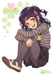 1girl aoi_sora_(pairan) black_pantyhose blush brown_eyes brown_hair brown_shorts clover commentary_request four-leaf_clover full_body hugging_own_legs long_hair looking_at_viewer mary_janes open_mouth original overalls pairan pantyhose shirt shoes shorts smile solo striped_clothes striped_shirt teeth two_side_up upper_teeth_only wavy_hair