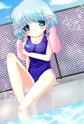 Rule 34 | 1girl, bad id, bad pixiv id, blue eyes, blue hair, chain-link fence, day, fence, matching hair/eyes, one-piece swimsuit, original, outdoors, pool, poolside, school swimsuit, short hair, solo, swimsuit, towel, wet, yuumi neiro