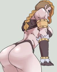 Rule 34 | 1girl, armlet, ass, back, barbarian, blue eyes, gloves, highres, hilde (nisego), looking at viewer, muscular, muscular female, nisego, solo
