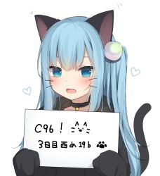 Rule 34 | 1girl, amashiro natsuki, animal ears, bad id, bad pixiv id, black choker, black hoodie, blue eyes, blue hair, cat ears, cat girl, cat tail, choker, commentary request, hair between eyes, heart, highres, holding, holding sign, hood, hood down, hoodie, long hair, long sleeves, one side up, original, sign, simple background, sleeves past fingers, sleeves past wrists, solo, tail, tail raised, translation request, upper body, white background
