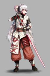 Rule 34 | 1girl, alternate costume, arm guards, armor, baten (gei-vorugu), belt, boots, bow, chin guard, fingerless gloves, fujiwara no mokou, full body, gloves, grey background, hair bow, hair ribbon, japanese clothes, long hair, looking away, pants, red eyes, ribbon, simple background, solo, sword, touhou, two-handed sword, very long hair, weapon, white hair