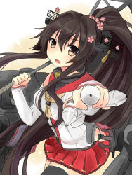 Rule 34 | 10s, 1girl, beige background, black hair, black thighhighs, brown eyes, cowboy shot, flower, hair flower, hair ornament, kantai collection, long hair, looking at viewer, nagasioo, neckerchief, pleated skirt, pointing, pointing at viewer, ponytail, red skirt, sailor collar, shirt, simple background, skirt, solo, thighhighs, very long hair, white shirt, yamato (kancolle), zettai ryouiki