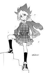 Rule 34 | 1girl, black socks, buttons, character request, clenched hand, closed mouth, commentary request, crossdressing, from below, fushitasu, greyscale, hair between eyes, jacket, jacket on shoulders, knees, leg up, looking at viewer, monochrome, plaid, plaid skirt, shoes, skirt, smile, sneakers, socks, solo, spiked hair, stairs, standing, yu-gi-oh!, yu-gi-oh! sevens