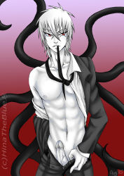 Rule 34 | 1boy, abs, absurdres, belt, formal, highres, male focus, necktie, open clothes, pale skin, penis, red eyes, scar, topless male, simple background, skinny, slender, solo, striped, suit, tentacles, tyro, undressing, white hair