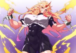 Rule 34 | 1girl, blonde hair, bodysuit, bodysuit under clothes, breasts, commentary request, covered navel, cowboy shot, cuffs, electricity, fugaku (miko no miyatsuguchi), gradient background, highres, horns, hoshiguma yuugi, large breasts, long hair, looking at viewer, muscular, muscular female, oni, pointy ears, red horns, shackles, shirt, single horn, smile, solo, star (symbol), teeth, tied shirt, touhou