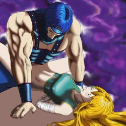 Rule 34 | 1boy, 1girl, blonde hair, blue hair, breasts, clothed sex, duel monster, closed eyes, hetero, long hair, muscular, rape, restrained, sex, short hair, unconscious, vaginal, warrior dai grepher, warrior lady of the wasteland, yu-gi-oh!