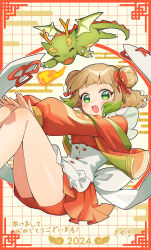 Rule 34 | 1girl, 2024, apron, blush, border, closed eyes, commentary request, double bun, dragon, egasumi, frilled apron, frills, green eyes, green hair, grid background, hair bun, highres, knees up, light brown hair, looking at viewer, multicolored hair, open mouth, orange shirt, orange shorts, orange skirt, original, ornate border, sakuro, shirt, shorts, shorts under skirt, simple background, skirt, smile, two-tone hair, white apron, yellow background