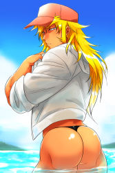 Rule 34 | 1boy, ass, bara, beach, blonde hair, character request, looking at viewer, male focus, ocean, osu! banchou, sky, solo, sugo6969, water