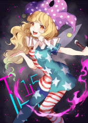 Rule 34 | 1girl, american flag dress, american flag legwear, american flag shirt, asymmetrical legwear, blonde hair, clownpiece, curly hair, gradient background, hat, jester cap, legacy of lunatic kingdom, mismatched legwear, open mouth, orange eyes, pantyhose, reeh (yukuri130), short sleeves, solo, striped clothes, striped pantyhose, tongue, tongue out, touhou