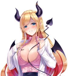 1girl absurdres aqua_eyes black_horns black_skirt black_tail black_wings blonde_hair blush breasts cleavage clenched_teeth coat demon_girl demon_horns demon_tail demon_wings frilled_shirt frills furrowed_brow high-waist_skirt highres hololive horns kamishiro_mai_(capti-no) lab_coat large_breasts long_hair looking_at_viewer parted_bangs parted_lips pink_shirt pointy_ears shirt simple_background skirt solo tail tareme teeth upper_body very_long_hair virtual_youtuber white_background white_coat wings yuzuki_choco yuzuki_choco_(1st_costume)