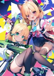 Rule 34 | 2girls, :d, animal ear headphones, animal ears, black thighhighs, blonde hair, blue archive, blue necktie, blunt bangs, blush, bow, cat ear headphones, closed mouth, collared shirt, commentary request, expressionless, fake animal ears, feet out of frame, green bow, green eyes, green halo, gun, hair bow, halo, headphones, holding, holding gun, holding weapon, kneeling, knees up, long sleeves, looking at viewer, medium hair, midori (blue archive), miniskirt, momoi (blue archive), multiple girls, nanamomo rio, necktie, open hand, open mouth, pink halo, pleated skirt, red bow, red eyes, rifle, shirt, short necktie, siblings, sisters, sitting, skirt, smile, teeth, thighhighs, thighs, tiptoes, twins, upper teeth only, v-shaped eyebrows, weapon, white shirt, wide sleeves, zettai ryouiki