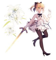 Rule 34 | 1girl, artoria pendragon (all), artoria pendragon (fate), black bow, black pantyhose, blonde hair, blush, bow, closed mouth, deep (deep4946), fate/grand order, fate (series), gloves, green eyes, hair bow, high heels, highres, holding, holding sword, holding weapon, looking at viewer, pantyhose, saber lily, short hair, short ponytail, smile, solo, sword, weapon, white gloves