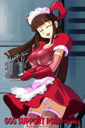 Rule 34 | 1990s (style), 1girl, :d, breasts, brown hair, drink, drinking straw, elbow gloves, closed eyes, garter straps, gloves, hime cut, jilpoong17, long hair, maid headdress, mazinger (series), mazinger z, mecha musume, open mouth, panties, piggy (gaogaigar), smile, solo, thighhighs, toei animation, underwear, waitress, yumi sayaka, yuusha ou gaogaigar, yuusha series