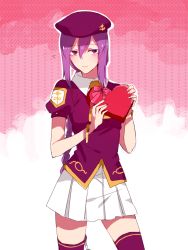 Rule 34 | 00s, 1girl, beret, blush, box, bracelet, braid, hair between eyes, hat, heart-shaped box, highres, jewelry, long hair, melty blood, pleated skirt, puffy short sleeves, puffy sleeves, purple eyes, purple hair, retto, short sleeves, single braid, sion eltnam atlasia, skirt, solo, thighhighs, tsukihime, zettai ryouiki