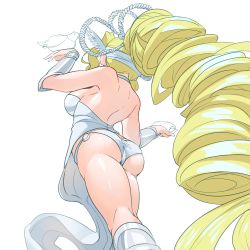 Rule 34 | 1girl, absurdly long hair, ass, back, blonde hair, breasts, digimon, digimon (creature), dress, head wings, highres, legs, long hair, o-ring, olympos xii, panties, simple background, solo, underwear, venusmon, very long hair, white dress, white panties, wings