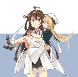 Rule 34 | 2girls, :d, ahoge, annin musou, bad id, bad twitter id, bare shoulders, black skirt, blonde hair, brown hair, commentary, detached sleeves, hairband, hat, headgear, highres, japanese clothes, jervis (kancolle), kantai collection, kongou (kancolle), long hair, multiple girls, nontraditional miko, open mouth, pleated skirt, purple eyes, ribbon-trimmed sleeves, ribbon trim, short sleeves, skirt, smile, white hat, wide sleeves