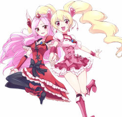 Rule 34 | 00s, 2girls, :d, black bow, black legwear, blonde hair, boots, bow, choker, cure passion, cure peach, fresh precure!, heart, higashi setsuna, holding hands, long hair, looking at viewer, magical girl, momozono love, multiple girls, open mouth, pantyhose, pink bow, pink eyes, pink hair, precure, simple background, skirt, smile, sumiosmith, twintails, waist bow, white background, white choker