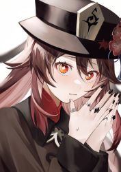 Rule 34 | 1girl, black nails, brown coat, brown hair, brown hat, closed mouth, coat, dekitateomoti, flower, flower-shaped pupils, genshin impact, hair flaps, hands up, hat, hat flower, highres, hu tao (genshin impact), jewelry, long hair, looking at viewer, multiple rings, nail polish, plum blossoms, porkpie hat, red eyes, ring, simple background, solo, sweatdrop, symbol-shaped pupils, twintails, wavy mouth, white background