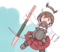 Rule 34 | 10s, 1girl, age regression, aged down, bow (weapon), brown eyes, brown hair, child, crossbow, enjaku izuku, unworn headgear, highres, holding, holding weapon, kantai collection, oversized clothes, pleated skirt, skirt, sleeves past wrists, solo, taihou (kancolle), weapon