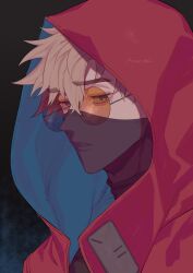 Rule 34 | 1boy, black background, black shirt, blonde hair, highres, hood, hood up, jacket, looking at viewer, male focus, mask, mole, mole under eye, mouth mask, official alternate costume, oimo 842, orange-tinted eyewear, portrait, red jacket, round eyewear, shirt, short hair, solo, tinted eyewear, trigun, trigun stampede, twitter username, upper body, vash the stampede