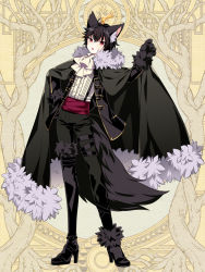 Rule 34 | 1boy, animal, animal ear fluff, animal ears, animal hands, animal on head, asymmetrical footwear, asymmetrical legwear, bird, bird on head, black cape, black footwear, black pants, cape, cat ears, commission, dairoku ryouhei, formal, full body, fur trim, gloves, hand on own hip, l (matador), male focus, multicolored hair, on head, open mouth, pants, paw gloves, red eyes, simple background, solo, streaked hair, suit, tail, thigh strap, uneven footwear, uneven legwear, yellow background
