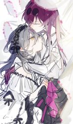 Rule 34 | 2girls, black skirt, closed eyes, closed mouth, collared shirt, commentary, curtains, eyewear on head, gloves, grey hair, hand on another&#039;s shoulder, highres, honkai: star rail, honkai (series), hug, kafka (honkai: star rail), long hair, multiple girls, off-shoulder shirt, off shoulder, purple gloves, purple hair, shirt, simple background, skirt, smile, stelle (honkai: star rail), sunglasses, trailblazer (honkai: star rail), tugu pi, white background, white shirt, yellow eyes, yuri