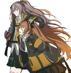 Rule 34 | 2girls, arm behind back, black jacket, black skirt, brown hair, closed mouth, feet out of frame, girls&#039; frontline, hair between eyes, hair ornament, hairclip, hand on own head, jacket, long hair, looking away, marche mk14, multiple girls, open clothes, open jacket, open mouth, scar, scar across eye, scar on face, shirt, side ponytail, skirt, smile, standing, twintails, ump45 (girls&#039; frontline), ump45 (mod3) (girls&#039; frontline), ump9 (girls&#039; frontline), ump9 (mod3) (girls&#039; frontline), white background, white shirt