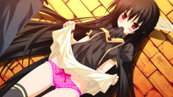 Rule 34 | 1girl, black hair, blush, bow, bow panties, clothes lift, dutch angle, game cg, long hair, mouth hold, panties, pink panties, polka dot, polka dot panties, red eyes, sakana (flame sakana), skirt, skirt lift, solo, thighhighs, tiny dungeon, tiny dungeon ~bless of dragon~, underwear, upskirt, vell sein