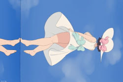 Rule 34 | 1girl, back bow, barefoot, black hair, blue sky, bow, breasts, commentary request, dated, dress, from behind, hat, hat bow, highres, mage (harumagedon), ranma 1/2, reflection, short hair, sideboob, sideways, signature, sky, sleeveless, sleeveless dress, solo, sun hat, sundress, tendou akane, white dress, white hat