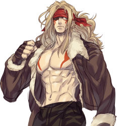 Rule 34 | 1boy, abs, alex (street fighter), bad id, bad pixiv id, blonde hair, blue eyes, bomber jacket, fingerless gloves, gloves, headband, jacket, long hair, male focus, pectorals, topless male, solo, stere o, street fighter, tattoo