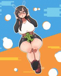 Rule 34 | 1girl, bespectacled, black hair, black skirt, blush, breast rest, breasts, breasts on head, curvy, final fantasy, final fantasy vii, glasses, hands up, headphones, highres, invisible chair, large breasts, long hair, open mouth, outline, ryou sakai, signature, sitting, skirt, solo, suspender skirt, suspenders, tank top, thick thighs, thighs, tifa lockhart, white outline, white tank top