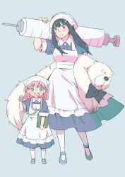 Rule 34 | 2girls, animal, anya (spy x family), apron, bandana, black hair, blue dress, bond (spy x family), breasts, child, clipboard, collared dress, commentary request, dog, dress, frilled apron, frills, frown, green eyes, holding, holding animal, holding clipboard, holding dog, holding syringe, kamimiya, large breasts, large syringe, multiple girls, nurse, open mouth, oversized object, pink hair, red eyes, round teeth, spy x family, stethoscope, syringe, teeth, white apron, white bandana, yor briar