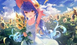 Rule 34 | 1girl, :d, amamiya kokoro, arm up, blue hair, blue sky, blush, brown eyes, cloud, commentary, day, dress, dutch angle, fang, field, flower, flower field, hair between eyes, hand on headwear, hat, hat flower, highres, holding, holding flower, long hair, looking at viewer, nijisanji, open mouth, outdoors, skin fang, sky, sleeveless, sleeveless dress, smile, solo, sun hat, sundress, sunflower, sunflower field, t6 ti, twintails, very long hair, virtual youtuber, white dress, yellow hat