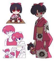 Rule 34 | 1boy, 2girls, black hair, bow, corruption, dark persona, doll, evil smile, fumo (doll), hair bow, hand fan, highres, japanese clothes, kimono, leaning on person, luuxiriver, matching outfits, multiple girls, obi, possessed, possession, ranma 1/2, red eyes, saotome ranma, sash, simple background, smile, sweatdrop, tank top, tendou akane, translation request, yukata