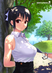 Rule 34 | 1girl, arms behind back, bare shoulders, black hair, blush, breasts, dappled sunlight, day, earrings, from side, hair between eyes, highres, jewelry, large breasts, long hair, looking at viewer, original, outdoors, park, ponytail, red eyes, shade, shirt tucked in, sleeveless, solo, sunlight, tree, upper body, watermark, wolksheep