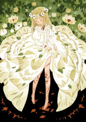 Rule 34 | 1girl, bare legs, barefoot, black background, blonde hair, brown hair, closed eyes, closed mouth, colored tips, commentary, dress, flower, flower wreath, full body, head wreath, highres, juliet sleeves, layered dress, leaf print, long hair, long sleeves, multicolored hair, multiple scars, neetiska, original, plant, puffy sleeves, scar, scar on leg, shards, skirt hold, smile, solo, standing, streaked hair, symbol-only commentary, white dress, white flower