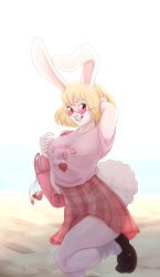 Rule 34 | 1girl, absurdres, animal ears, arm up, bare legs, beach, blush, breasts, carrot (one piece), furry, furry female, happy, highres, large breasts, looking at viewer, mycrys, one piece, rabbit ears, rabbit tail, shiny skin, shoes, short hair, simple background, smile, solo, standing, standing on one leg, sunglasses, wide hips