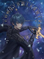 1boy armored_gloves arms_up black_cape black_gloves black_gorget blue_eyes blue_hair byleth_(fire_emblem) byleth_(male)_(fire_emblem) cape clock closed_mouth commentary fire_emblem fire_emblem:_three_houses glass_shards gloves gorget highres holding holding_sword holding_weapon looking_ahead male_focus nintendo roman_numeral solo space sword sword_of_the_creator weapon wrainbow13