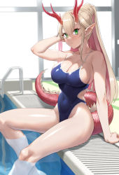 Rule 34 | 1girl, absurdres, arm up, blonde hair, blush, breasts, cleavage, commentary request, competition swimsuit, covered navel, dragon girl, dragon horns, dragon tail, green eyes, high ponytail, highres, horns, large breasts, long hair, looking at viewer, one-piece swimsuit, original, parted lips, pointy ears, pool, pool ladder, poolside, prime, sitting, solo, swimsuit, tail, wet