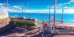 Rule 34 | 3d, absurdres, blender (medium), blue sky, cloud, commentary request, day, highres, horizon, huge filesize, no humans, ocean, original, outdoors, pedestrian lights, power lines, railing, railroad crossing, railroad tracks, ramp, road, road sign, sachiko15, scenery, shadow, sign, signature, sky, stairs, traffic light, train, utility pole