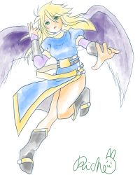 Rule 34 | 1girl, angel wings, bad id, bad pixiv id, black wings, blonde hair, blush, boots, breasts, breath of fire, breath of fire ii, bridal gauntlets, capcom, dress, female focus, full body, green eyes, highres, knee boots, large breasts, large wings, legs, long hair, long legs, nina (breath of fire ii), no panties, open mouth, side slit, sidelocks, solo, thigh boots, thighhighs, thighs, wings